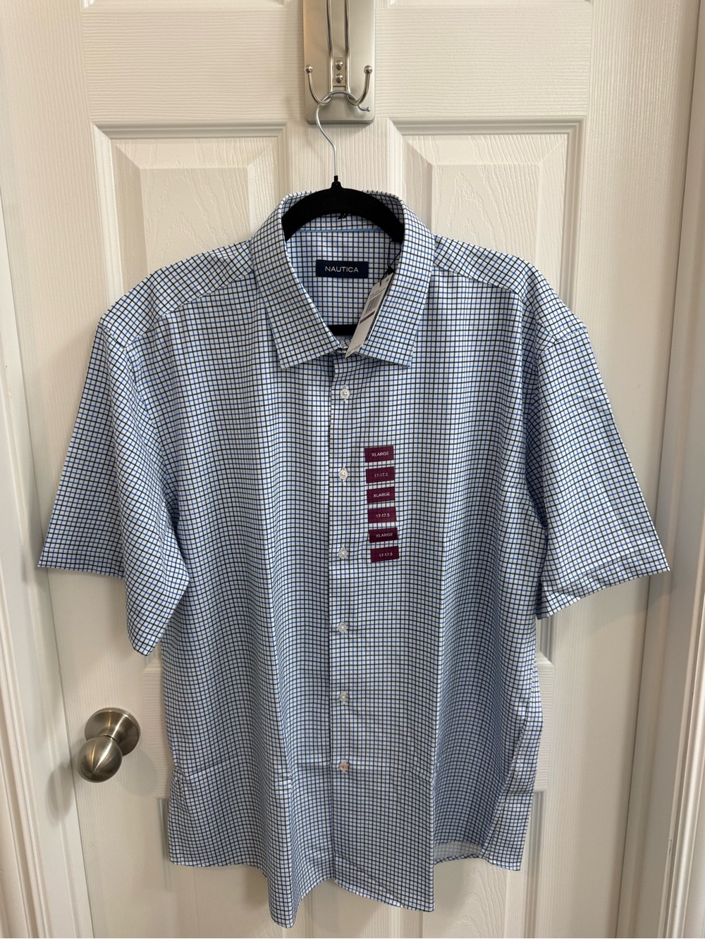 Nautica Blue and White Checked Short-Sleeve Performance Button-Down Shirt